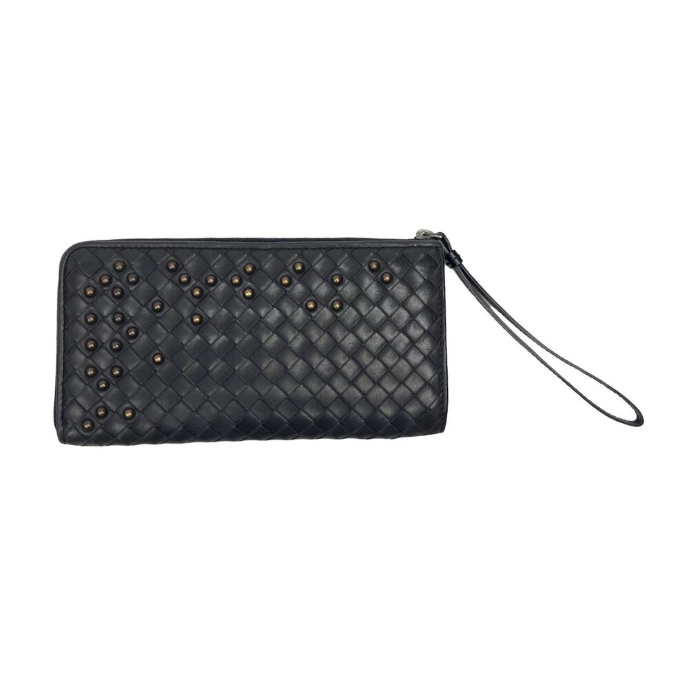 Bottega Veneta Intrecciato Studded Zip Around Wallet Wristlet Black Leather EUC
